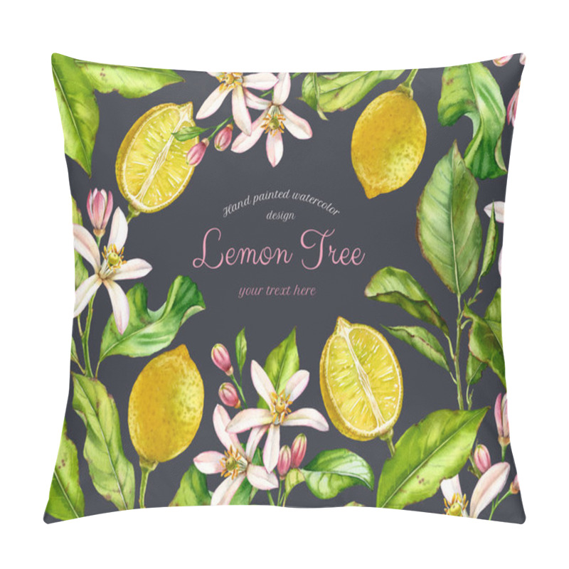 Personality  Watercolor Lemon Fruits. Floral Frame With Text On Dark Background. Citrus Tree Branches, Flowers, Leaves. Realistic Botanical Banner With Fresh Tropical Food. Horizontal Arrangement For Label Pillow Covers