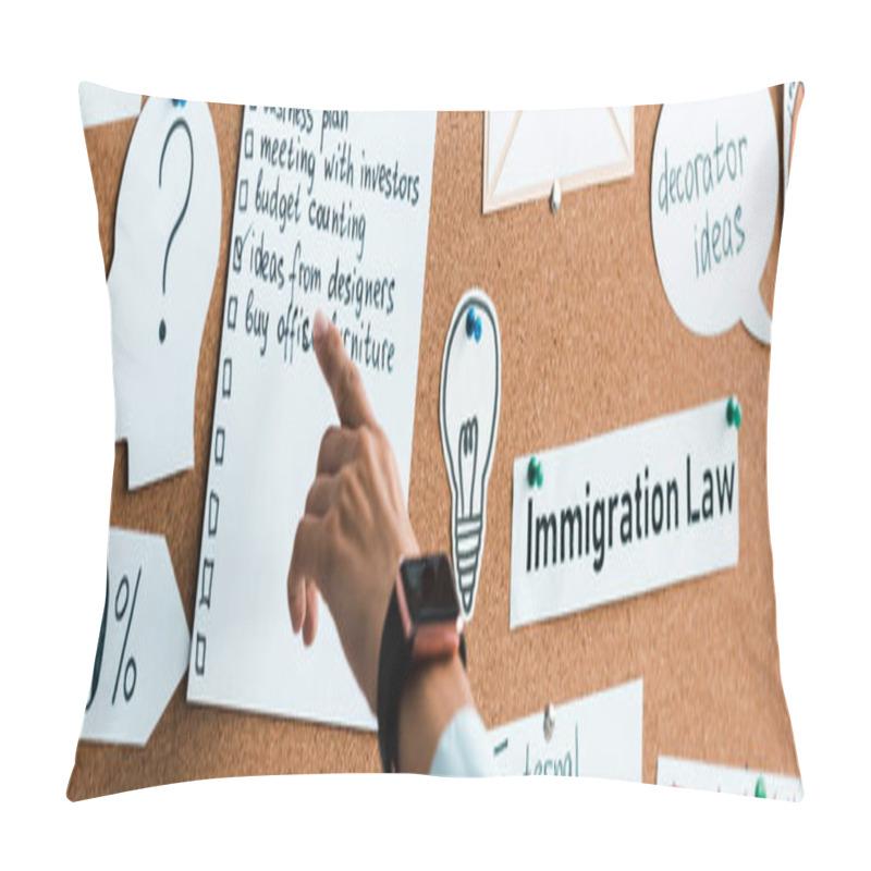 Personality  Panoramic Shot Of Businesswoman Pointing With Finger At To Do List On Notice Board Pillow Covers