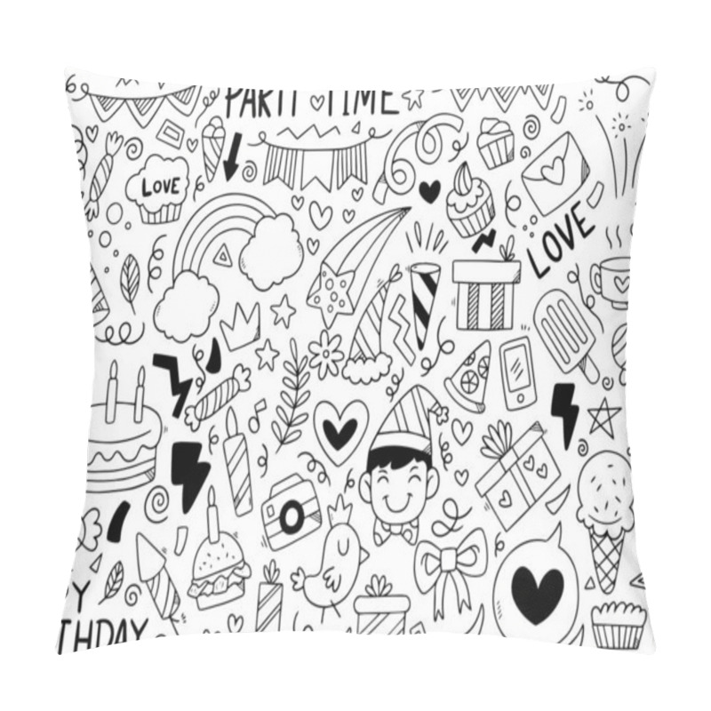 Personality  Hand Drawn Party Doodle Happy Birthday Ornaments Background Pattern Vector Illustration Pillow Covers