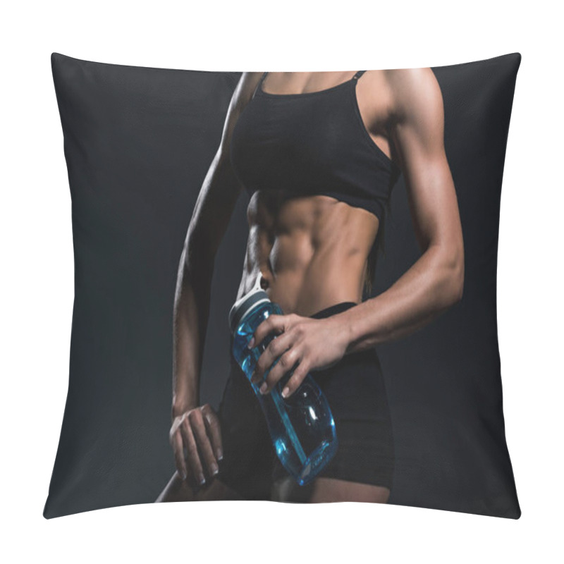 Personality  Cropped View Of Muscular Sportswoman With Sport Bottle, Isolated On Grey  Pillow Covers