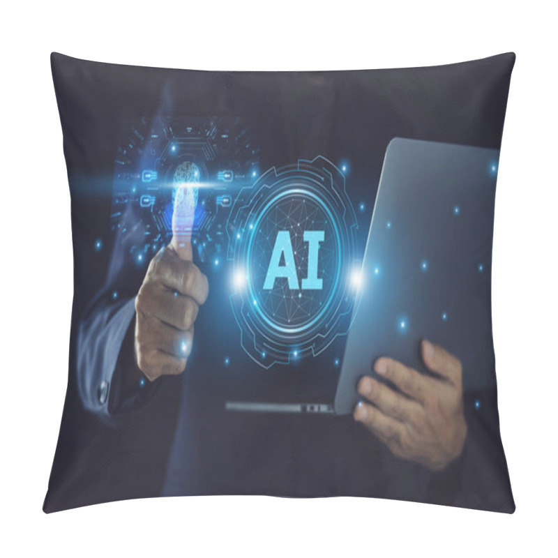 Personality  Businessman Strategically Integrating AI-powered Cyber Security Solutions Into The Company's Digital Framework, Ensuring Comprehensive Protection Of Confidential Data, Mitigating Risks. Pillow Covers