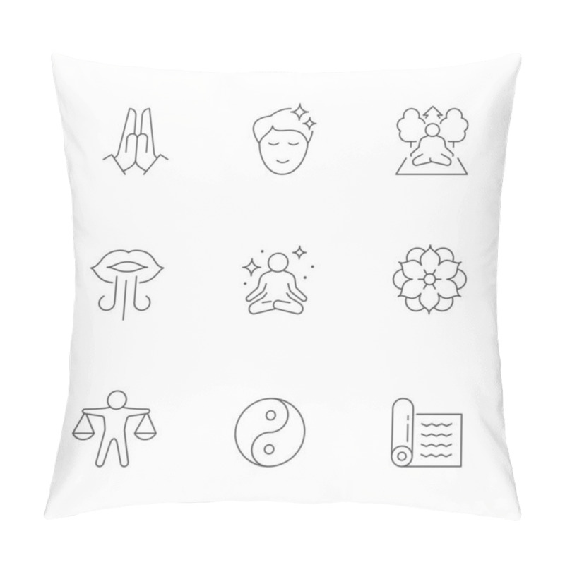 Personality  Set Line Icons Of Meditation Isolated On White. Mat, Balance, Brathing, Pray, Yin Yang, Yoga, Asana, Enlightenment, Wellness, Mandala, Relaxation, Lotus Pose, Zen. Vector Illustration Pillow Covers