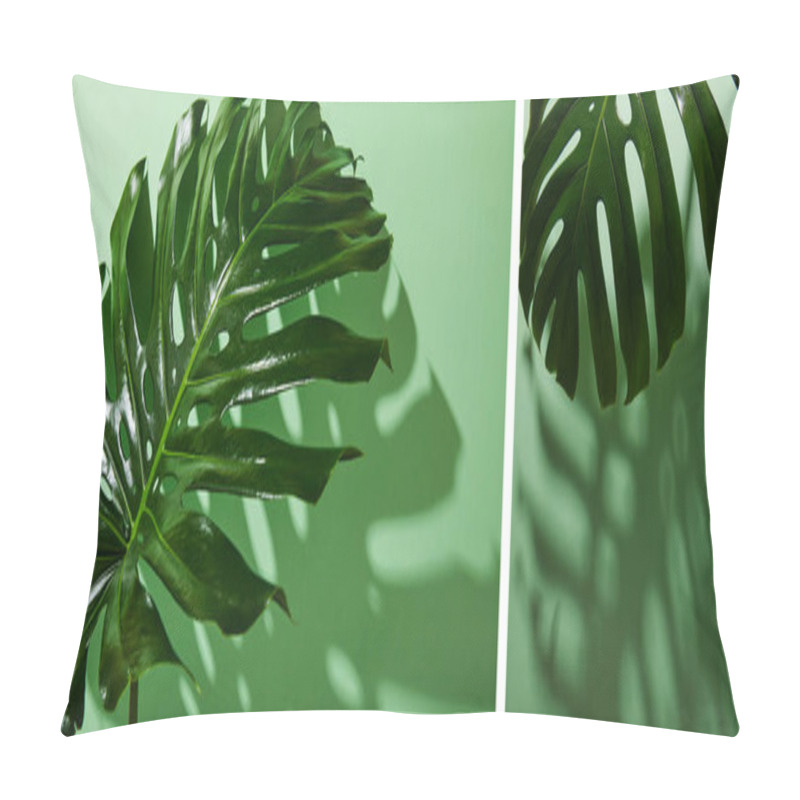 Personality  Collage Of Fresh Tropical Green Leaves On Green Background With Shadow Pillow Covers