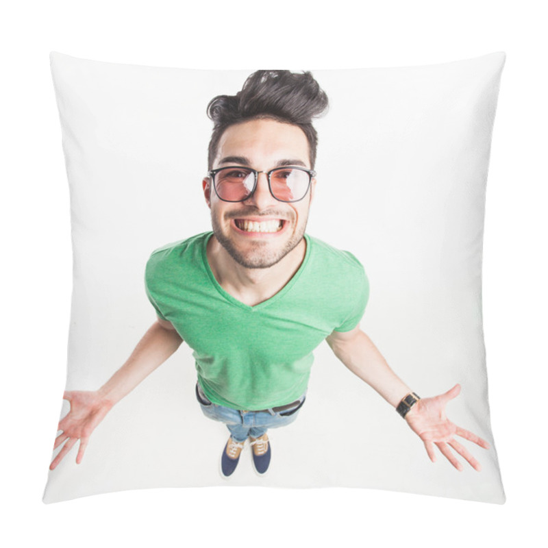 Personality  Funny Handsome Man With Hipster Glasses Showing His Palms And Smiling Large - Wide Angle Shot Pillow Covers