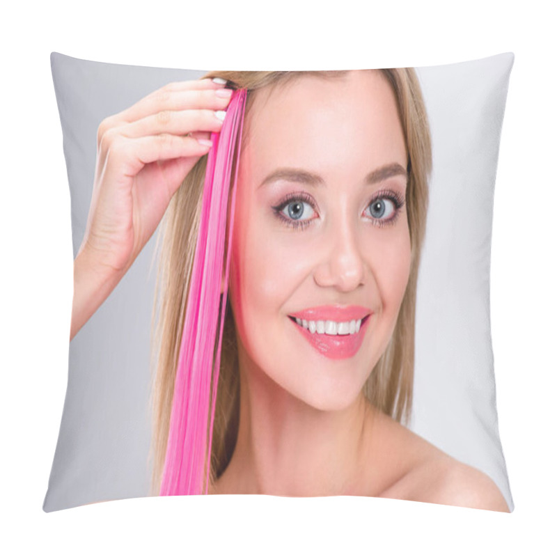 Personality  Happy Young Woman Applying Pink Clip-on Hair Strand Isolated On Grey Pillow Covers