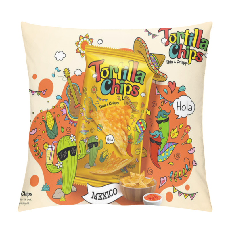 Personality  Tortilla Corn Chip Bag In 3d Illustration, Ad Design With Cute Cartoon Cactus And Chili Illustrations On The Background Pillow Covers