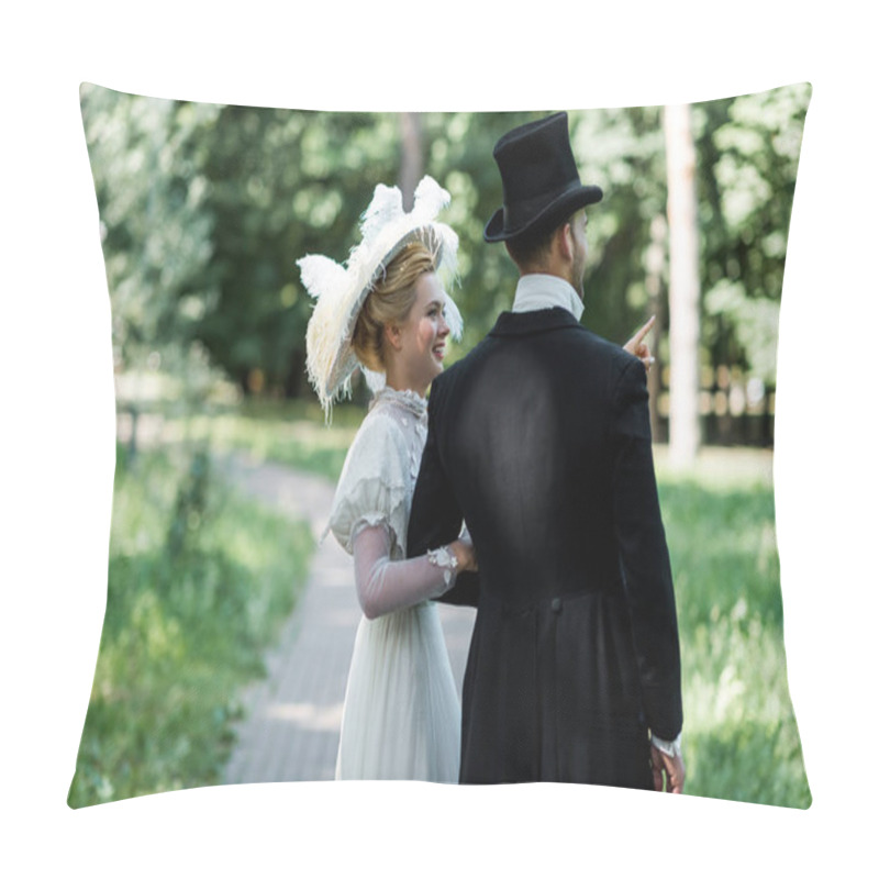 Personality  Happy Young Victorian Woman Standing With Man In Hat Outside  Pillow Covers