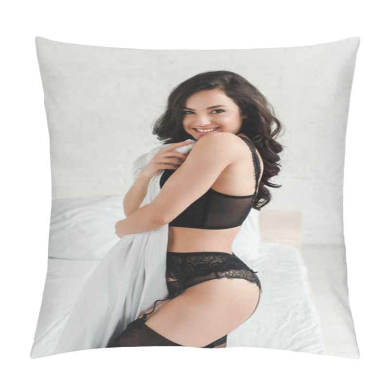 Personality  Beautiful Happy Seductive Girl In Black Lingerie In Bedroom Pillow Covers