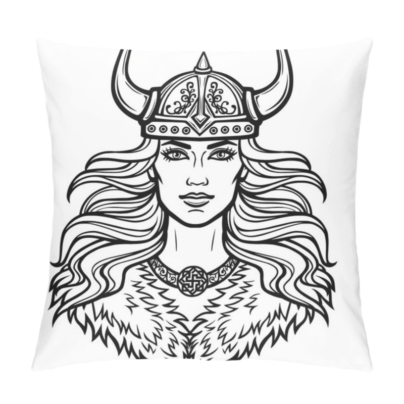 Personality  Portrait Of The Beautiful Young Woman Valkyrie In A  Horned Helmet. Pagan Goddess, Mythical Character. Vector Illustration Isolated On A White Background. Print, Poster, T-shirt, Card.  Pillow Covers