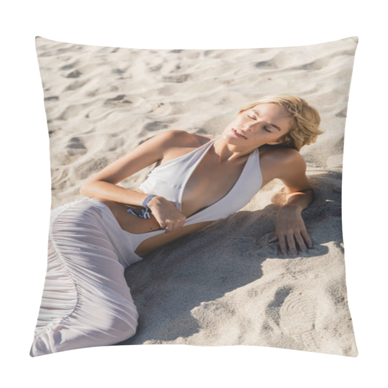 Personality  A Young, Beautiful Blonde Woman Lying Gracefully On The Sandy Shores Of Miami Beach, Enjoying The Peaceful Serenity Of The Moment. Pillow Covers