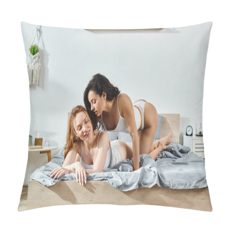 Personality  Two Women, A Loving Lesbian Couple, Dressed Elegantly, Are Peacefully Laying On A Bed Together. Pillow Covers