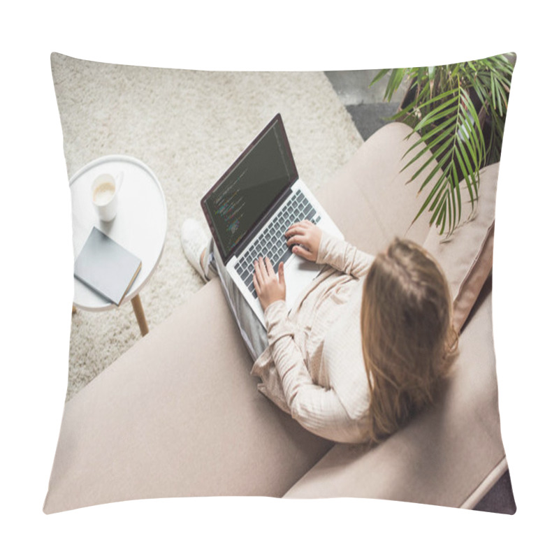 Personality  High Angle View Of Young Female Developer Coding With Laptop On Couch Pillow Covers