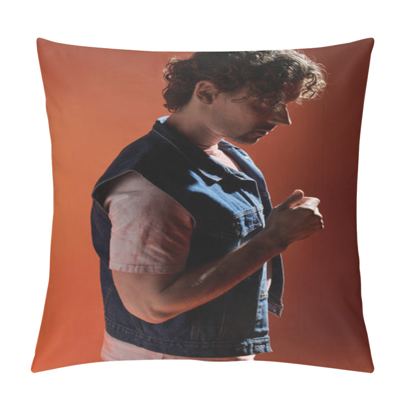 Personality  A Man Poses Emotionally In A Striking Orange Setting. Pillow Covers