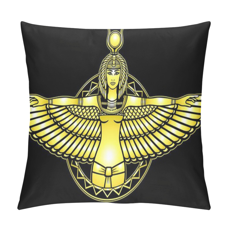 Personality  Animation Portrait Of The Ancient Egyptian Winged Goddess.  Yellow Drawing Isolated On A Black Background. Gold Imitation. Vector Illustration. Print, Poster, T-shirt, Card. Pillow Covers