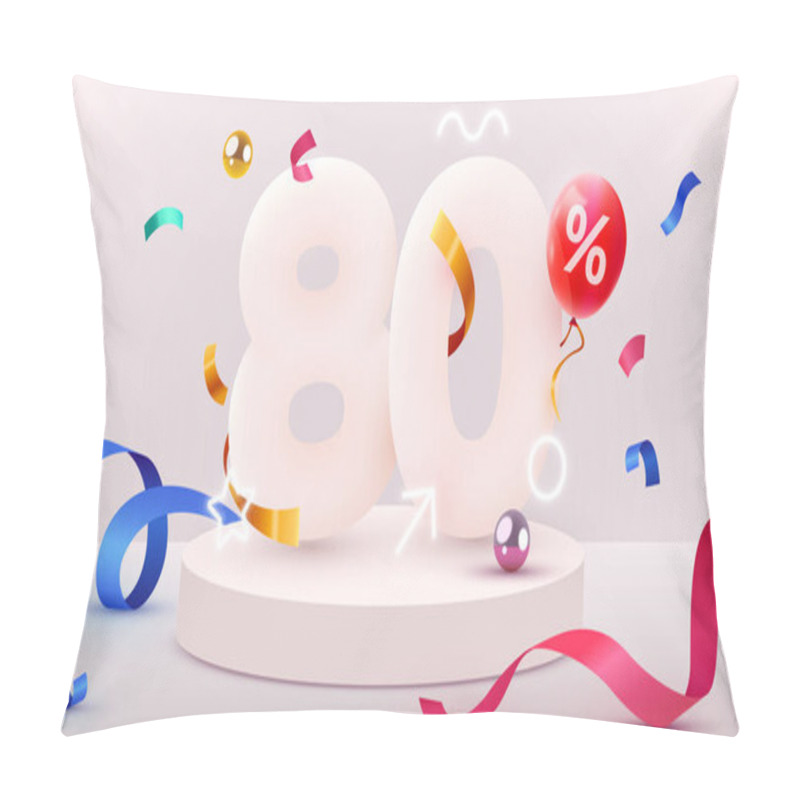 Personality  80 Percent Off. Discount Creative Composition. 3d Sale Symbol With Decorative Objects, Heart Shaped Balloons, Golden Confetti, Podium And Gift Box. Sale Banner And Poster. Pillow Covers