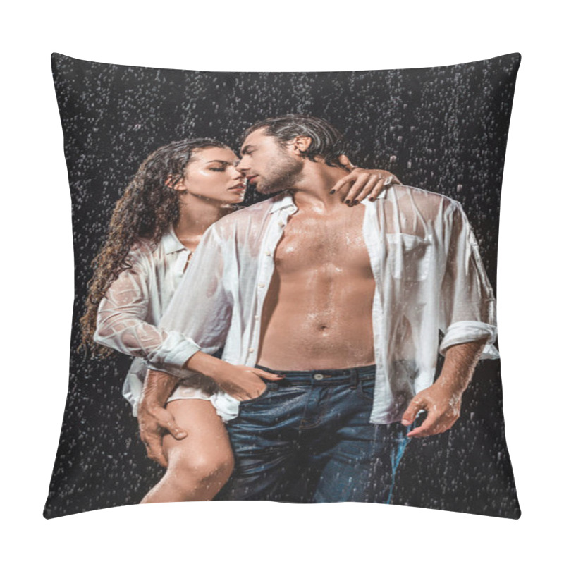 Personality  Sexy Couple In White Shirts Standing Under Rain Isolated On Black Pillow Covers