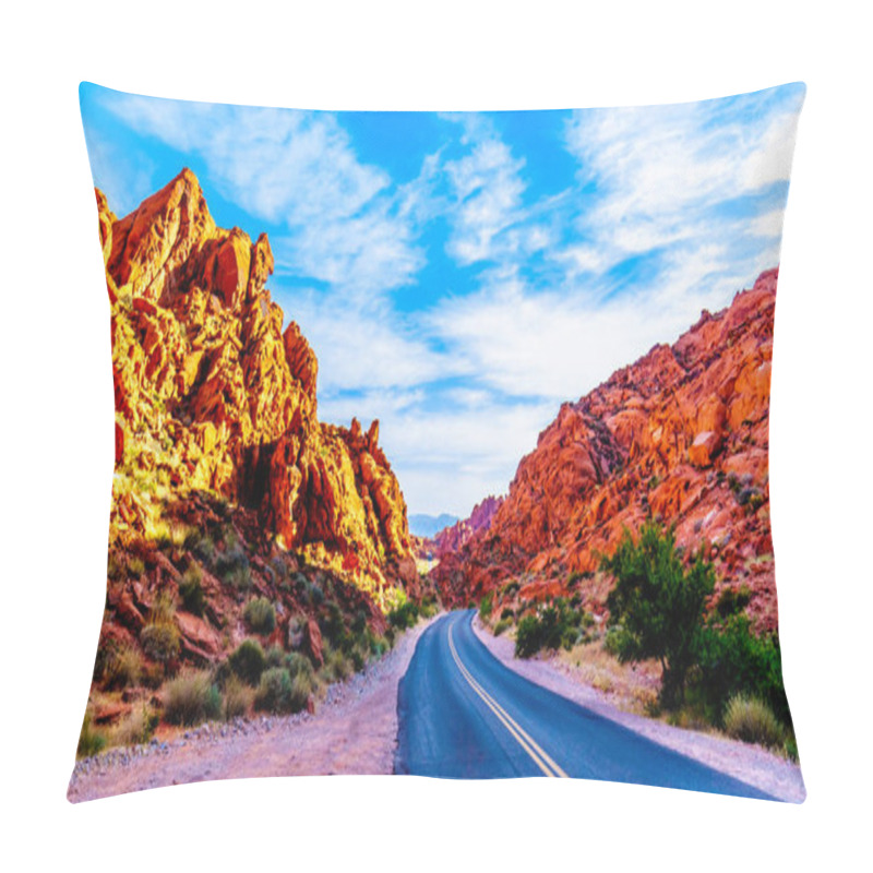 Personality  Sunrise Over The Bright Red Aztec Sandstone Rock Formations Along Mouse Tank's Road As It Winds Through The Valley Of Fire State Park In Nevada, USA Pillow Covers