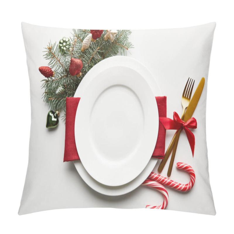 Personality  Top View Of Festive Christmas Table Setting On White Background With Decoration, Pine Branch And Candies Pillow Covers