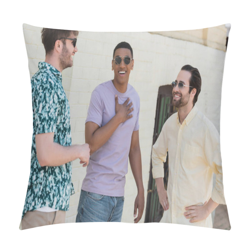 Personality  Smiling Multiethnic Men In Sunglasses Talking On Urban Street In Kyiv  Pillow Covers