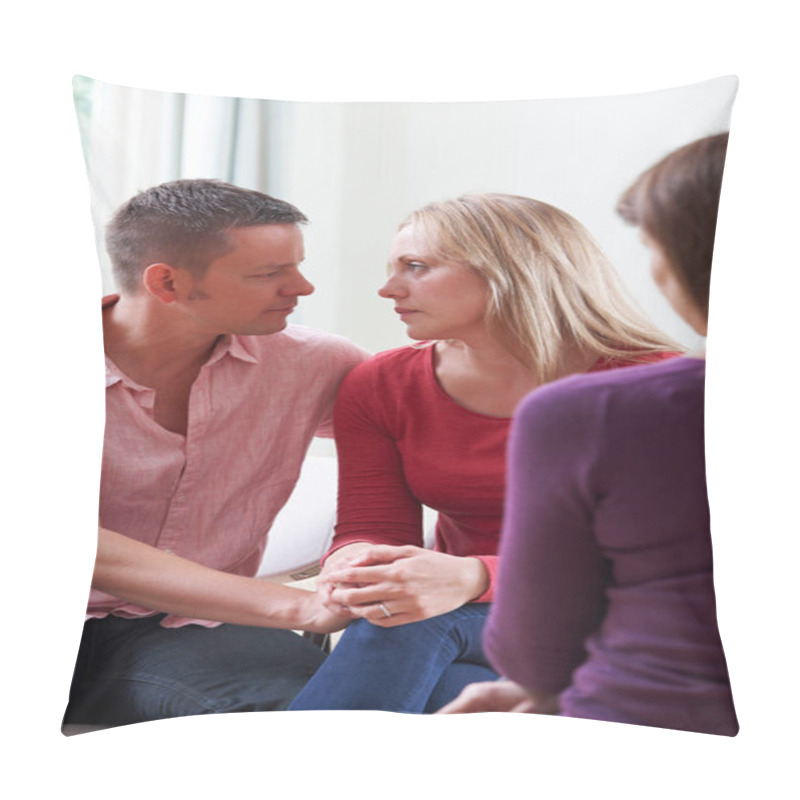 Personality  Mature Couple Talking With Counsellor As Man Comforts Woman Pillow Covers