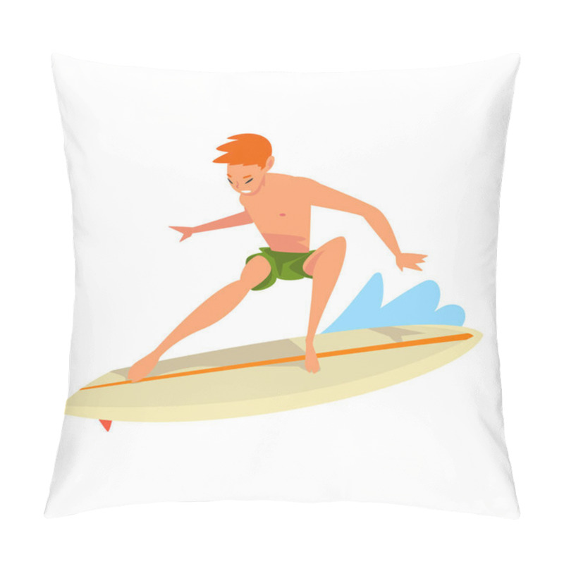 Personality  Guy Riding On Ocean Wave, Male Surfer Character In Shorts With Surfboard, Recreational Beach Water Sport, Man Enjoying Summer Vacation Vector Illustration Pillow Covers