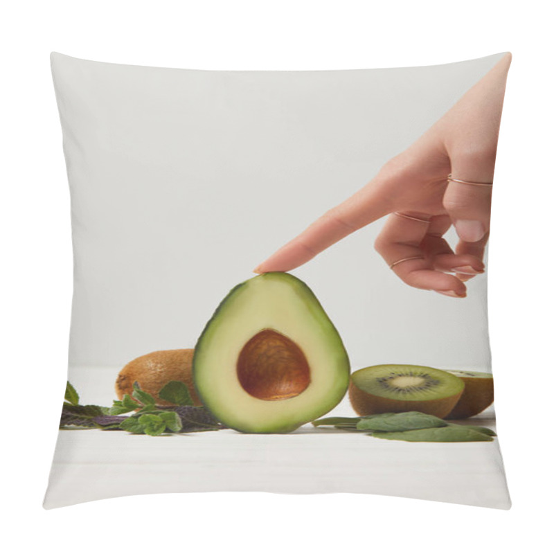 Personality  Cropped View Of Female Hand With Green Avocado, Kiwi And Mint Pillow Covers