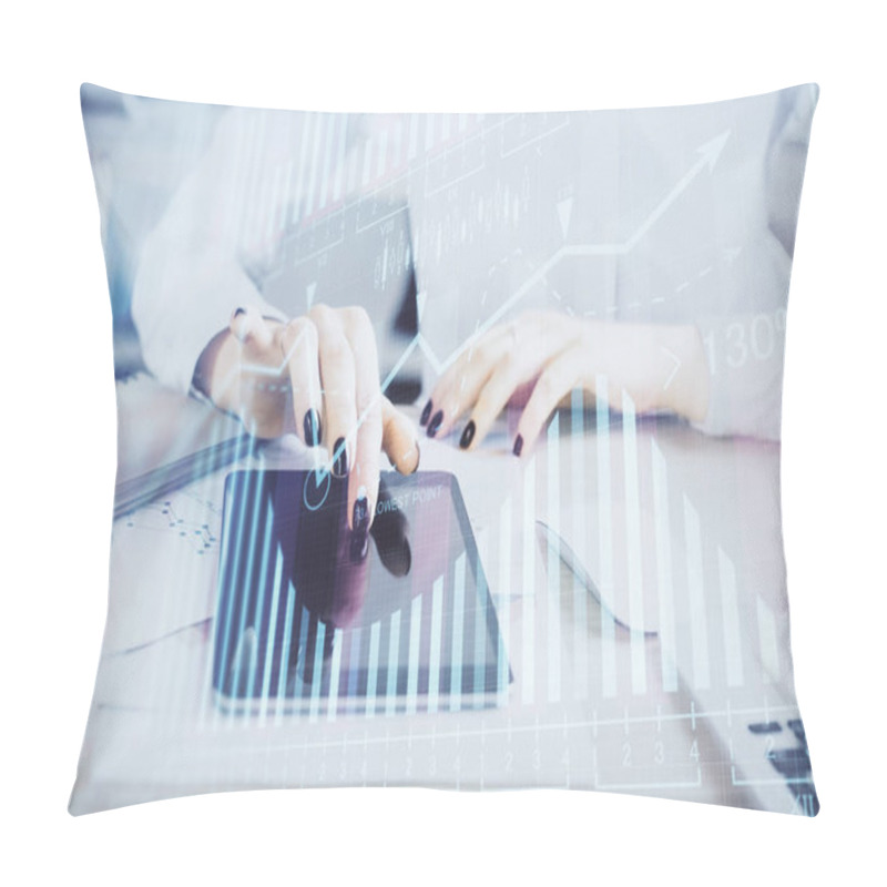 Personality  Double Exposure Of Forex Chart Sketch Hologram And Woman Holding And Using A Mobile Device. Financial Market Concept. Pillow Covers