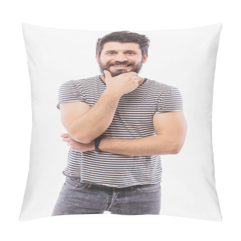 Personality  Portrait Handsome Young Man With  Hand On Beard Smiling While Standing Against White Background Pillow Covers