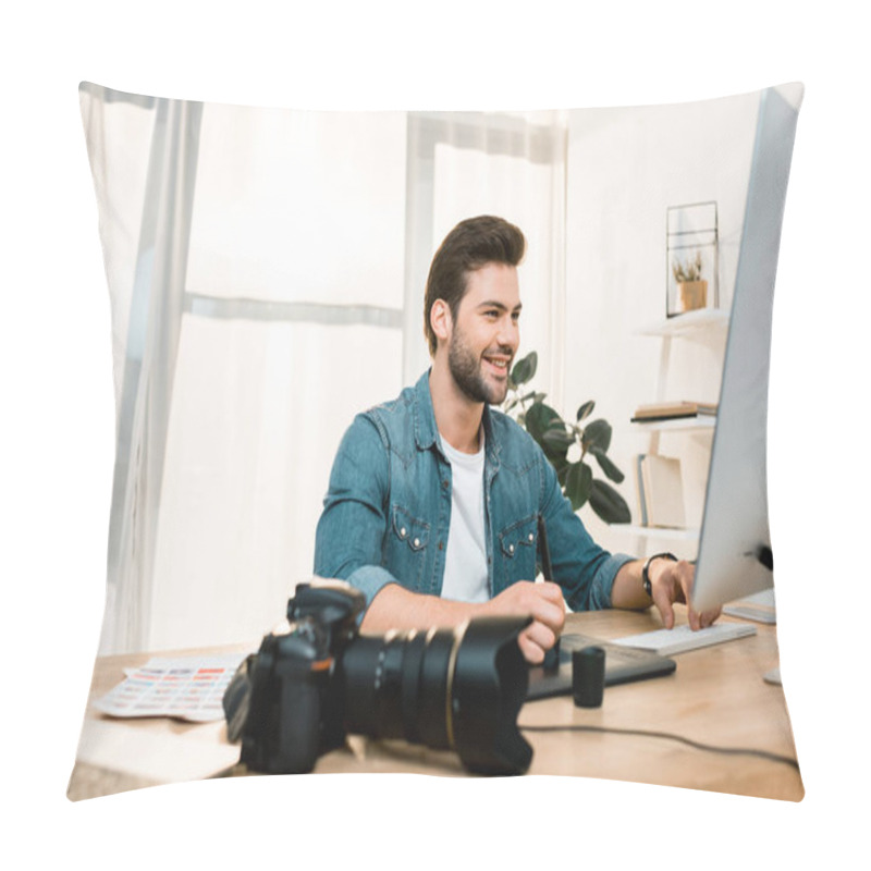 Personality  Smiling Young Photographer Using Desktop Computer And Retouching Photos At Workplace Pillow Covers