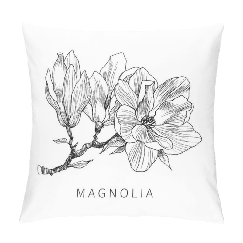 Personality  Ink, Pencil, The Leaves And Flowers Of Magnolia Isolate. Line Art Transparent Background. Hand Drawn Nature Painting. Freehand Sketching Illustration. Pillow Covers