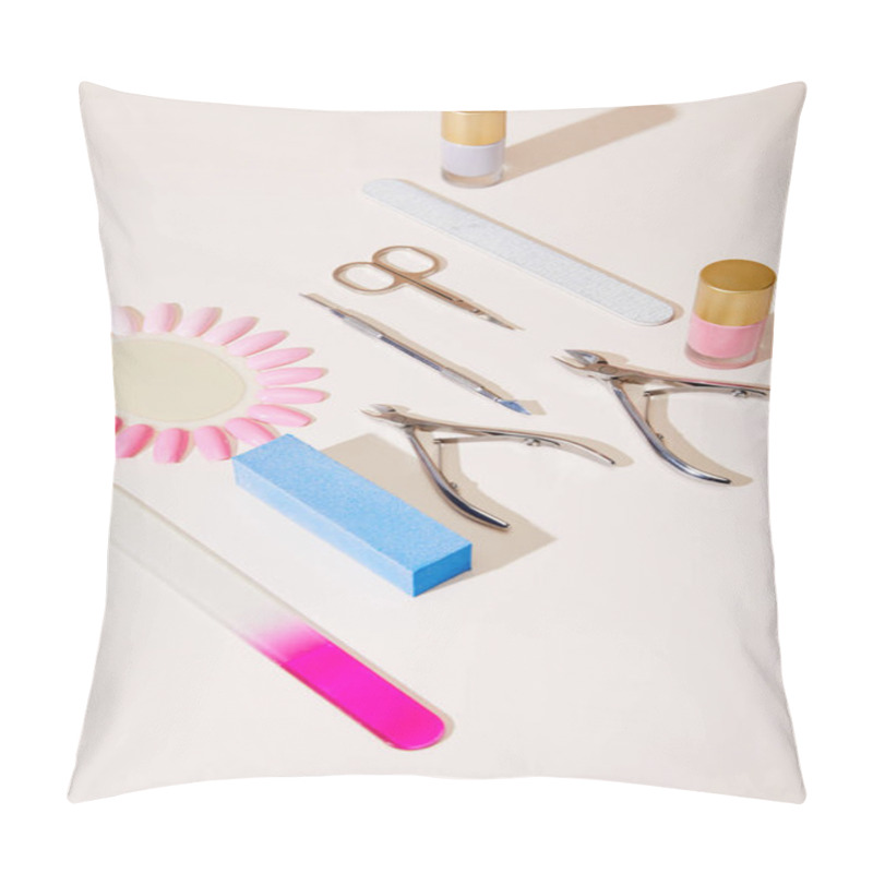 Personality  High Angle View Of Samples Of Nail Polish With Manicure Instruments On White Background Pillow Covers