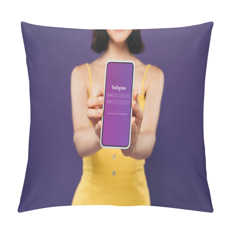 Personality  KYIV, UKRAINE - JULY 3, 2019: Selective Focus Of Smiling Girl Presenting Smartphone With Instagram App Isolated On Purple  Pillow Covers