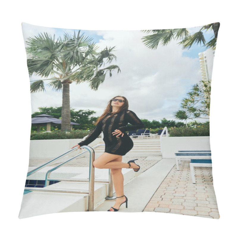 Personality  Luxury Hotel, Sexy Brunette Woman With Tanned Skin In Black Knitted Dress, Sunglasses And High Heels Standing Next To Ladder Of Outdoor Swimming Pool In Miami, Summer Getaway, Resort, Palm Trees  Pillow Covers