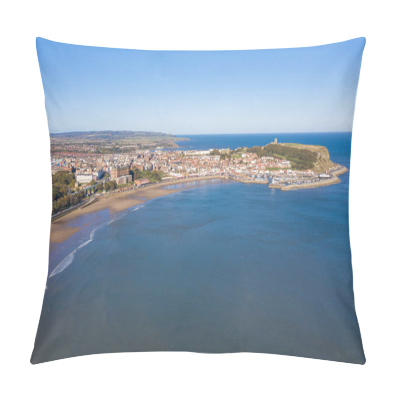 Personality  Aerial Photo Of The British Seaside Town Of Scarborough, The Seaside Coastal Town Is Located In East Yorkshire In The North Sea Coast Showing The Sandy Beach Front, Ocean And Boats In The Harbour Pillow Covers