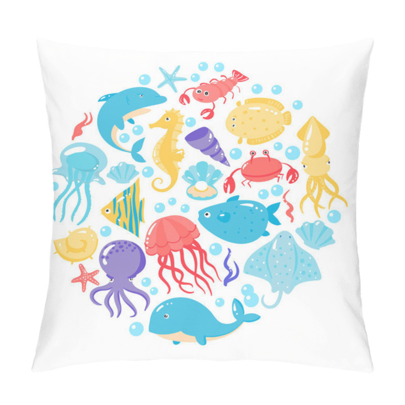 Personality  Set Of Different Sea Animals In Cute Cartoon Style Pillow Covers