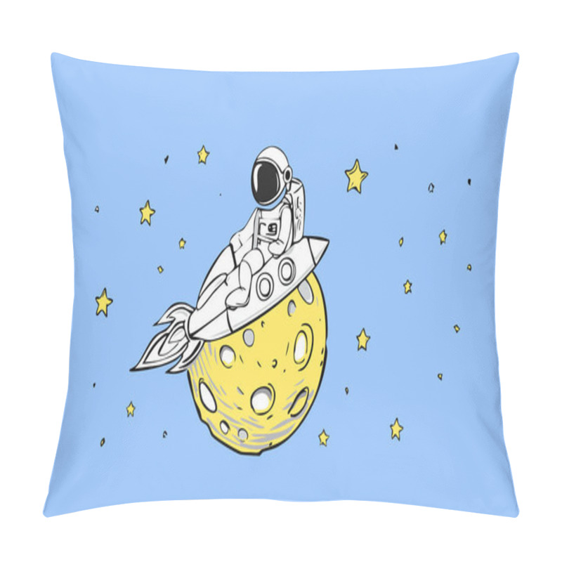 Personality  Flat Astronaut Riding Rocket Cartoon Design Vector  Pillow Covers