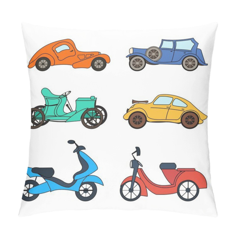 Personality  Vector Set Of Four Retro Cars And Two Scooters Pillow Covers