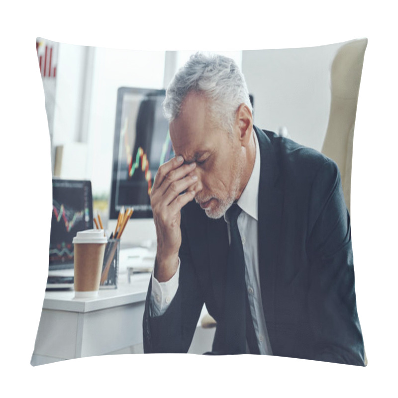 Personality  Frustrated Senior Man In Elegant Business Suffering From Headache While Working At The Office Pillow Covers