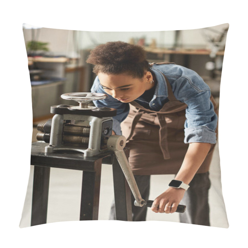 Personality  A Talented Woman Focuses Intently As She Operates A Metal Press, Crafting Elegant Jewelry Pieces. Pillow Covers