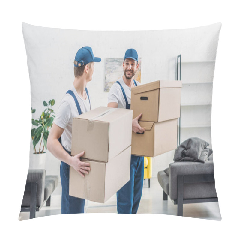 Personality  Two Movers In Uniform Looking At Each Other While Carrying Cardboard Boxes In Apartment Pillow Covers