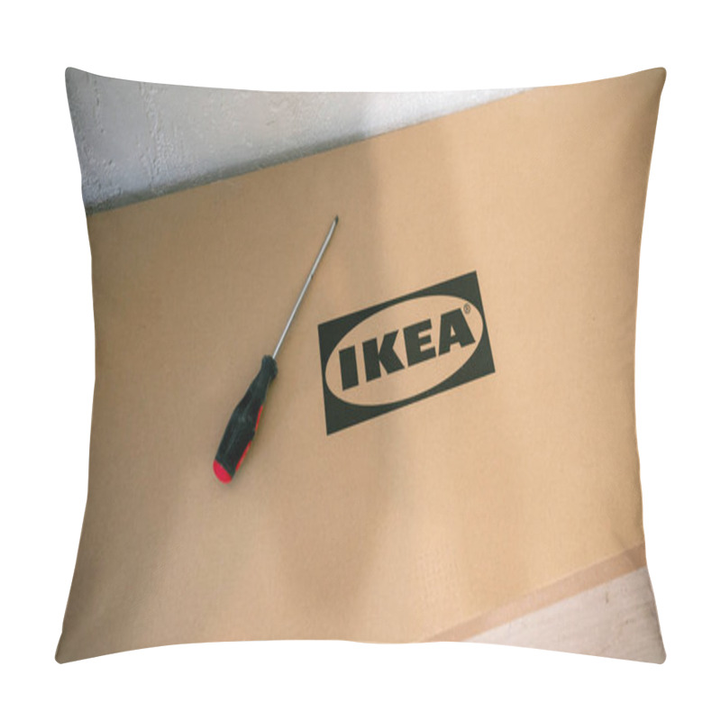 Personality  Jurmala, Latvia - 18 02 2024: A Box Of Ikea Furniture And A Screwdriver To Assemble The Furniture. . High Quality Photo Pillow Covers