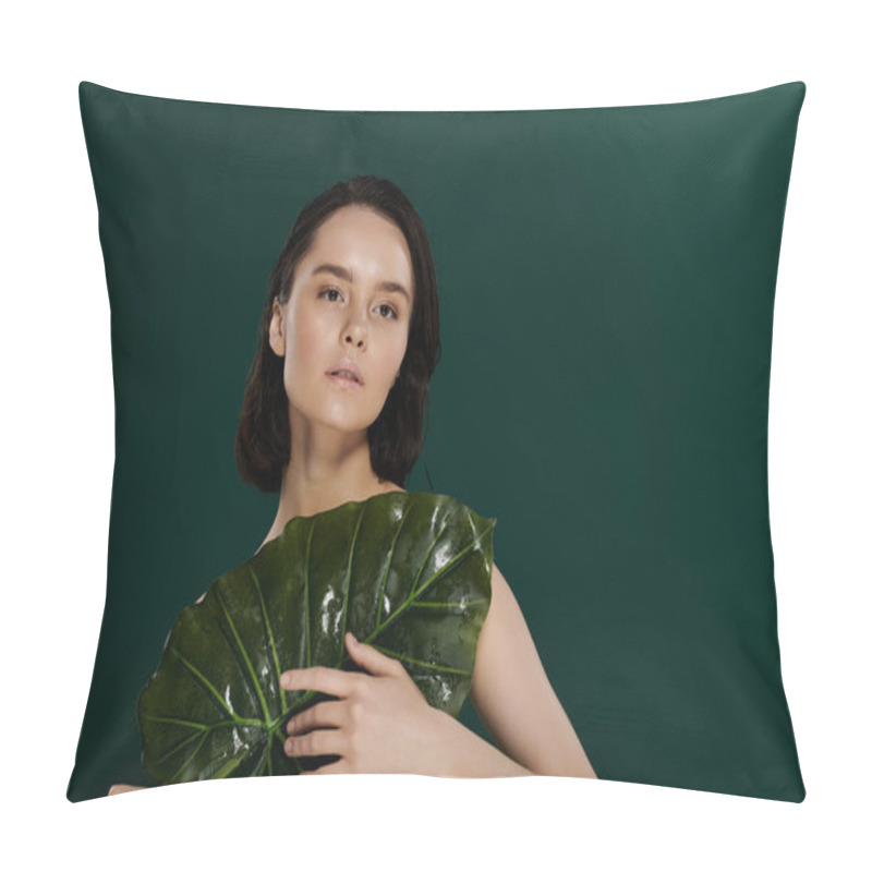 Personality  A Woman Poses With A Large, Green Leaf In Front Of A Solid Green Background. Pillow Covers