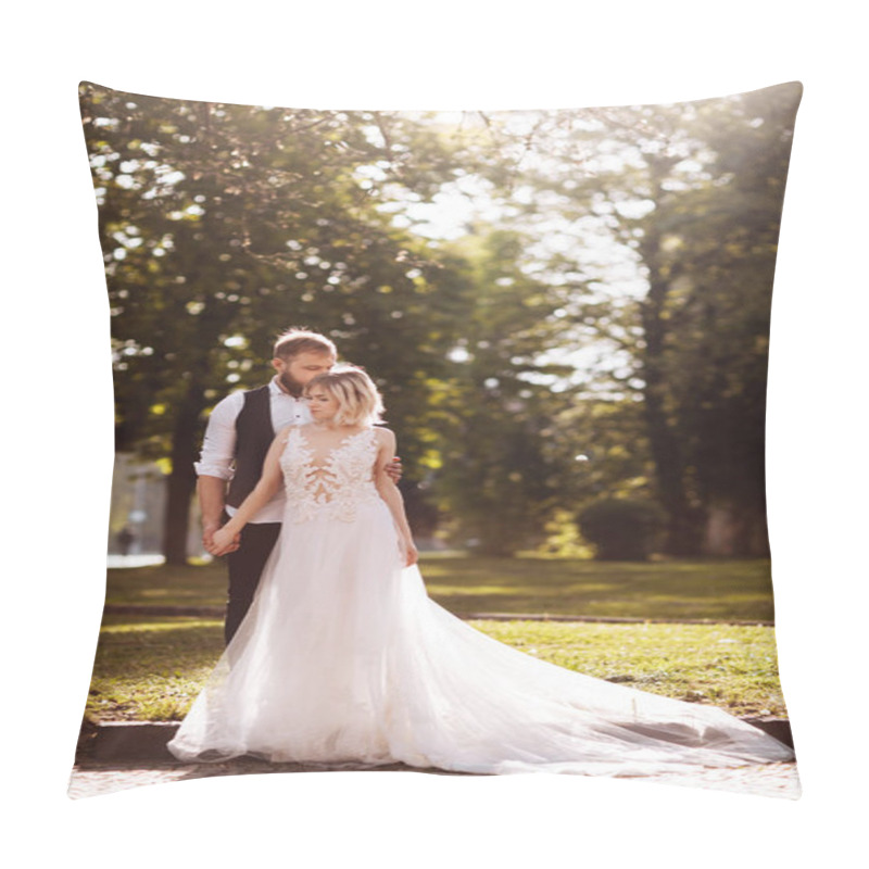 Personality  Happy Married Couple In Simple Wedding Dresses. Wedding Couple. Stylish Newlywed Couple. Stylish White Dress On The Bride. Marriage Concept Pillow Covers