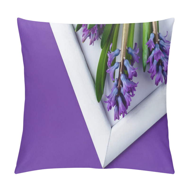 Personality  Top View Of Hyacinth Flowers On White Frame On Purple Surface Pillow Covers