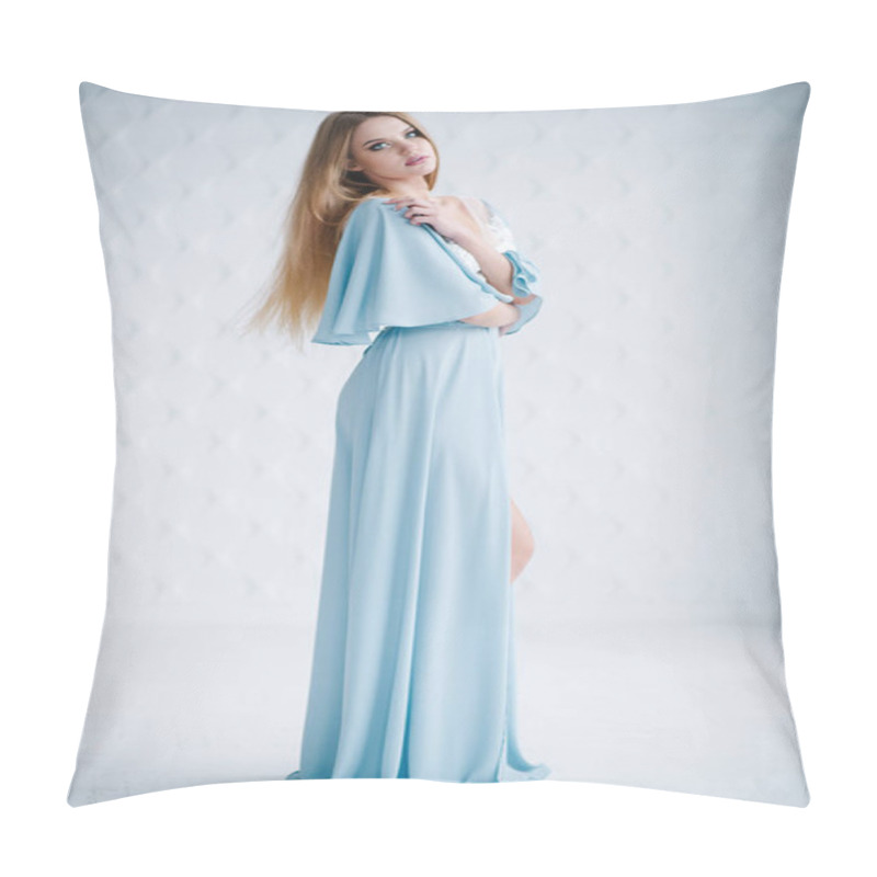 Personality  Beautiful Young Woman With Make Up  In Blue Dress Posing In Studio Pillow Covers