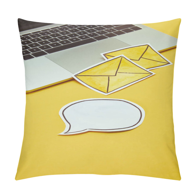 Personality  Message Signs, Speech Bubble And Laptop On Yellow Surface Pillow Covers