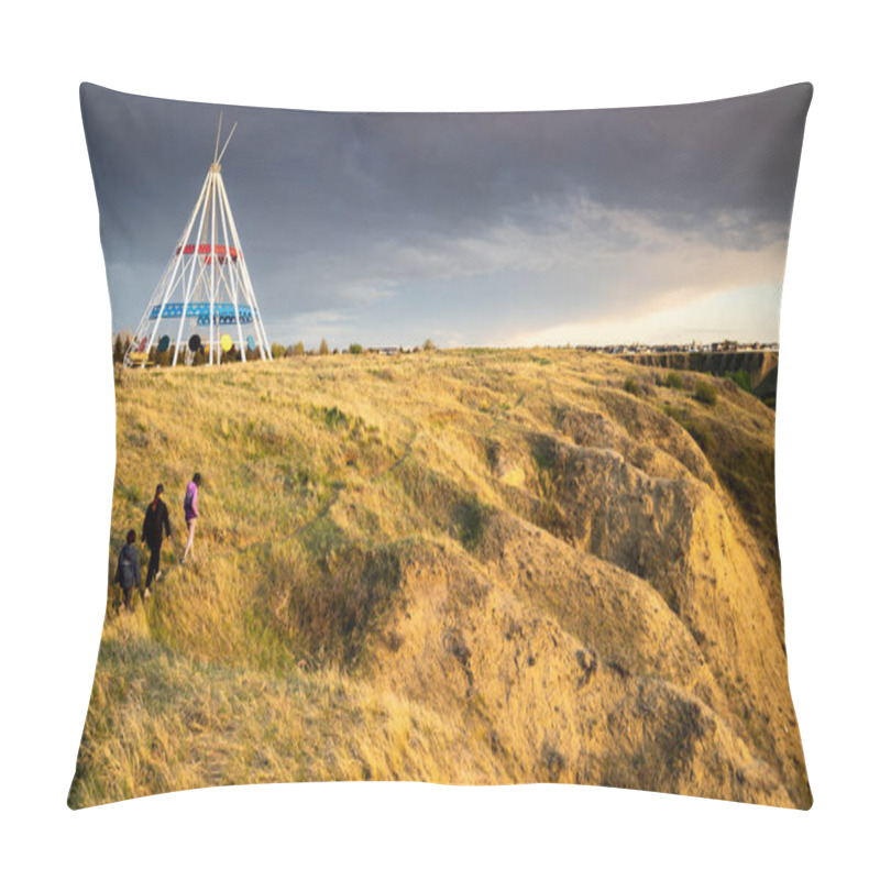 Personality  Medicine Hat Alberta Canada, May 13 2021: A Family Walks Outdoors Along A Hiking Trail In Seven Persons Coulee By The Sammis Tepee At Sunset. Pillow Covers