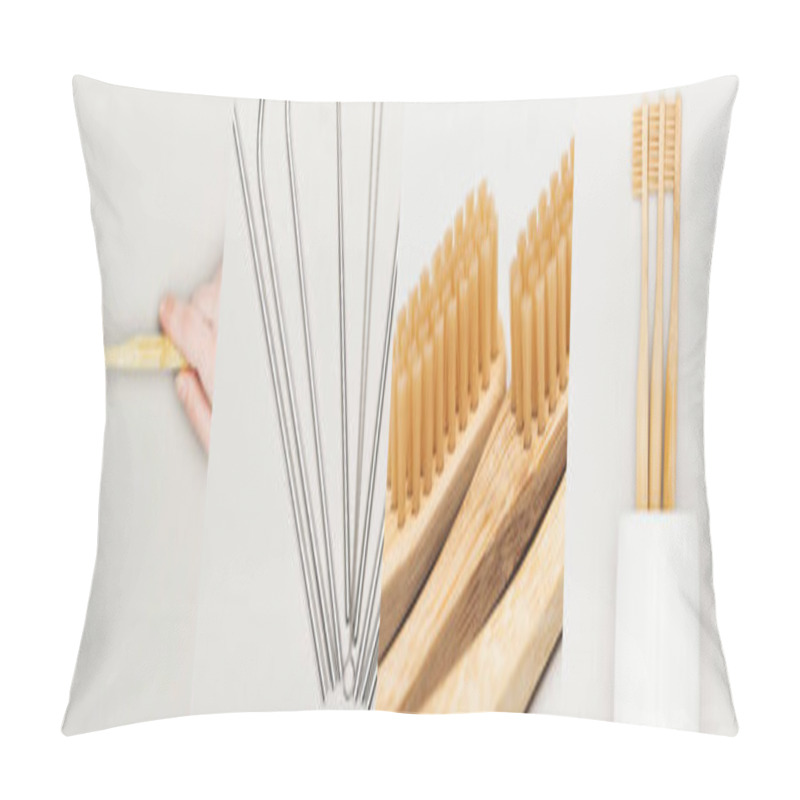 Personality  Collage Of Woman Holding Wooden Toothbrush Near Metallic Straws Isolated On White, Eco Friendly Concept  Pillow Covers