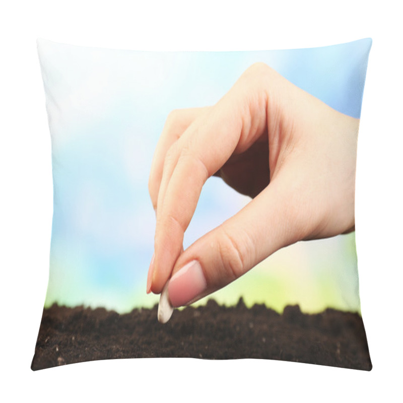 Personality  Female Hand Planting White Bean Seed In Soil On Blurred Background Pillow Covers