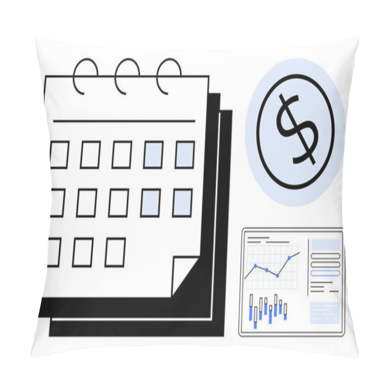 Personality  Calendar With Marked Dates, Dollar Coin Symbol, Data Analysis Chart With Graphs. Ideal For Financial Planning, Business Meetings, Project Timelines, Budgeting, Time Management, Investment Tracking Pillow Covers